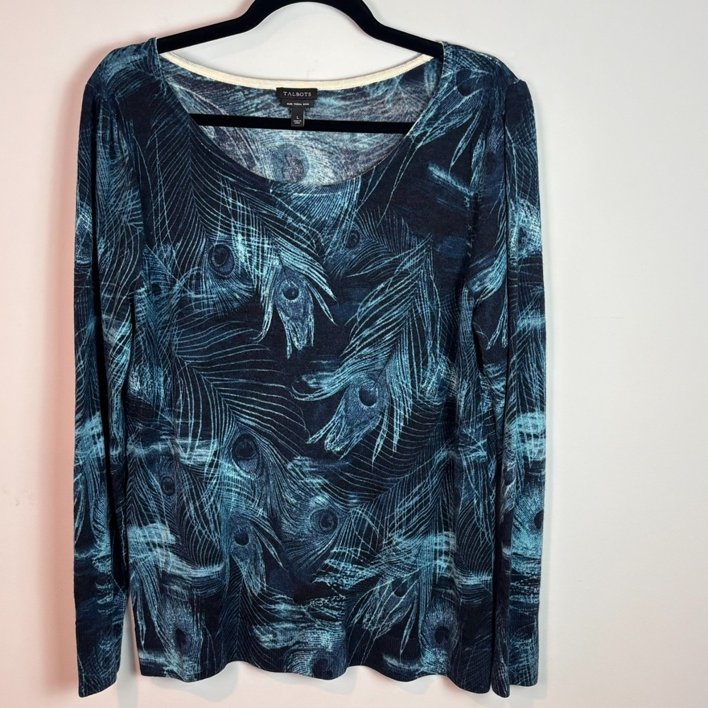 Talbots Gathered Shoulder Merino Wool Sweater Women LG Blue‎ Peacock Pattern